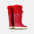 Red PuddleFlex Fleece Lined Wellies. Knee-high red wellington boots with a furry red trim and white soles, isolated on a white background.